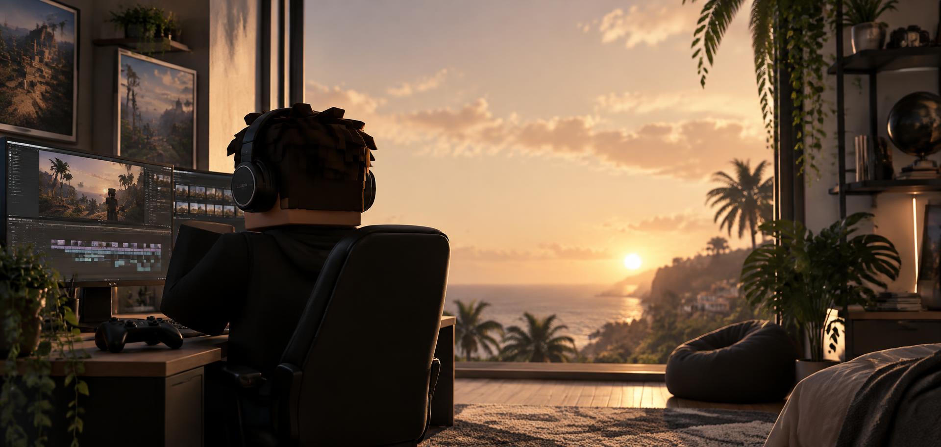 A creator editing gaming videos at a desk overlooking the coast